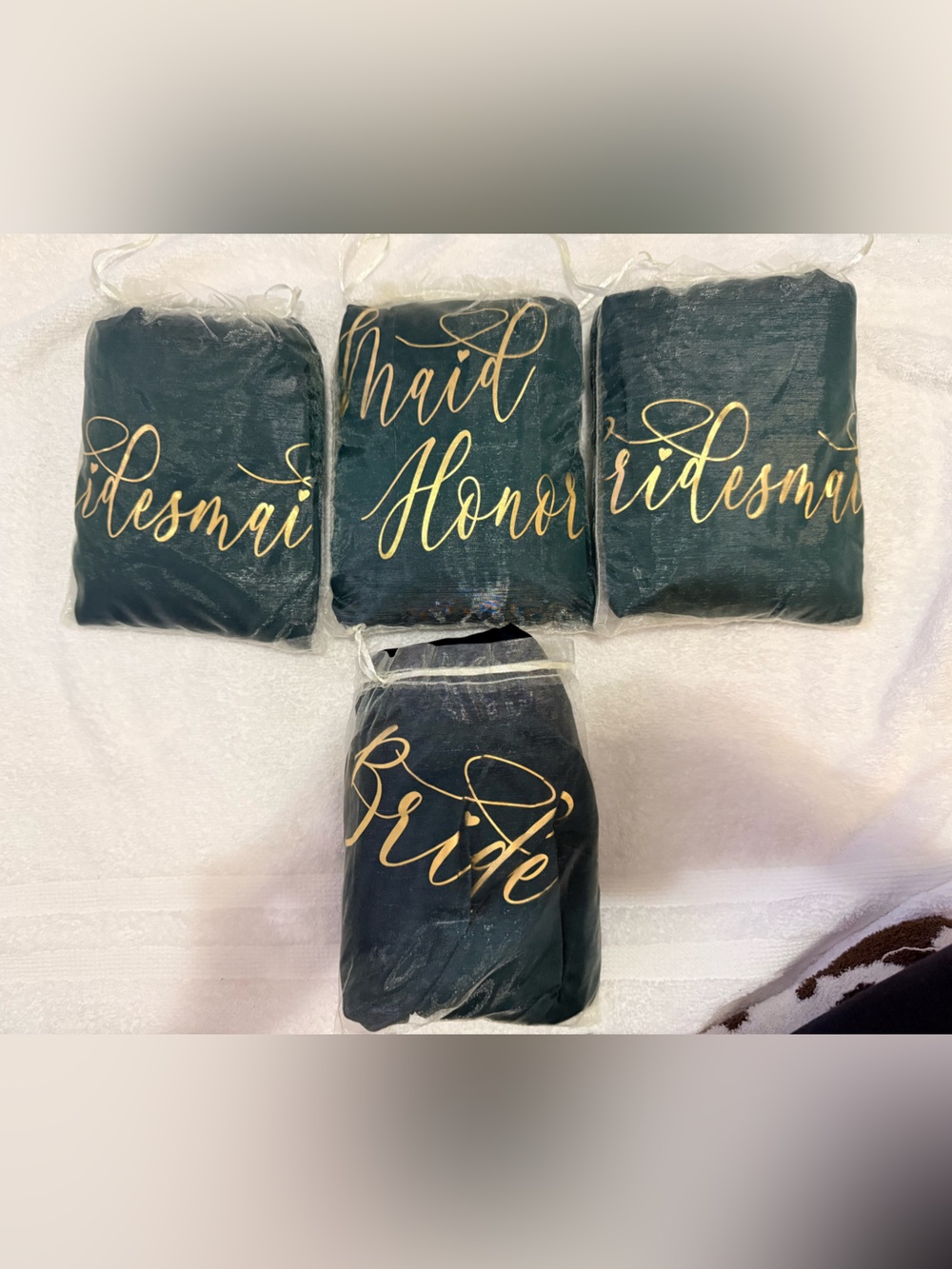 Gold Script Dark Green Satin Bags containing emerald green robes- Set of 4